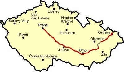 Отрезок пути от Остравы в Прагу на карте